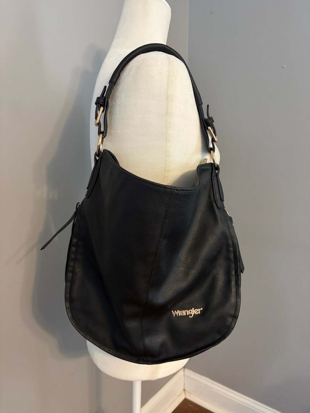 Wrangler Black Faux Leather 3-Compartment Hobo Shoulder Bag